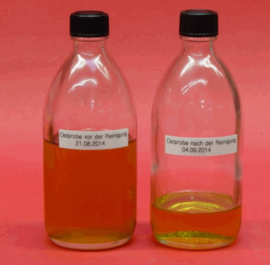 Oil sample before and after cleaning with FRIESS EFC D4