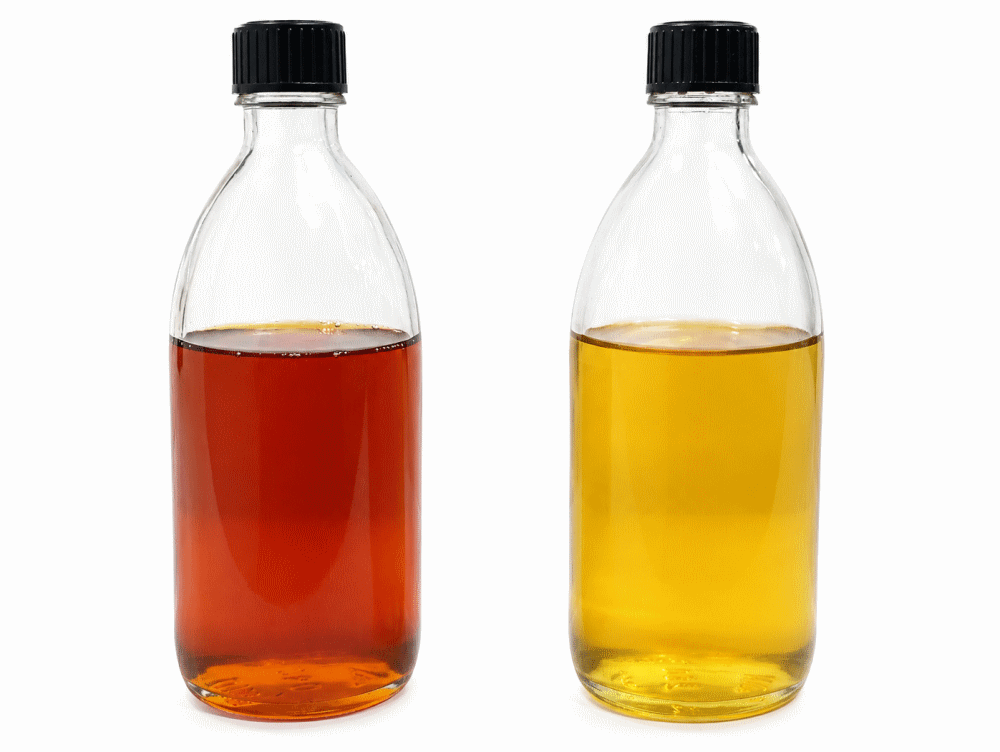 Oil sample before and after electrostatic oil cleaning, showing typical contaminants that conventional filters cannot retain.
